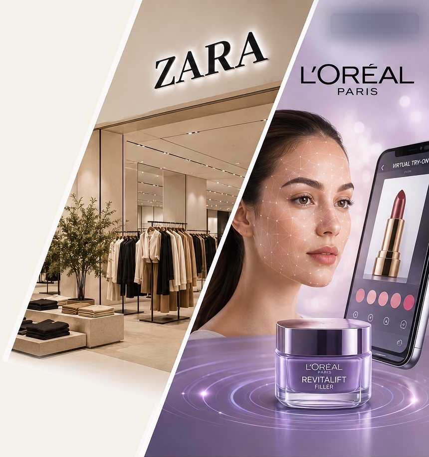 Zara storefront beside a L'Oréal virtual try-on: a model's face scanned by AR on a phone, next to a Revitalift Filler jar.